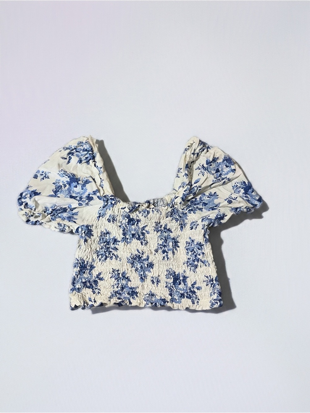 Blue Linen Floral Smocked Puff-Sleeve Crop Top - Women